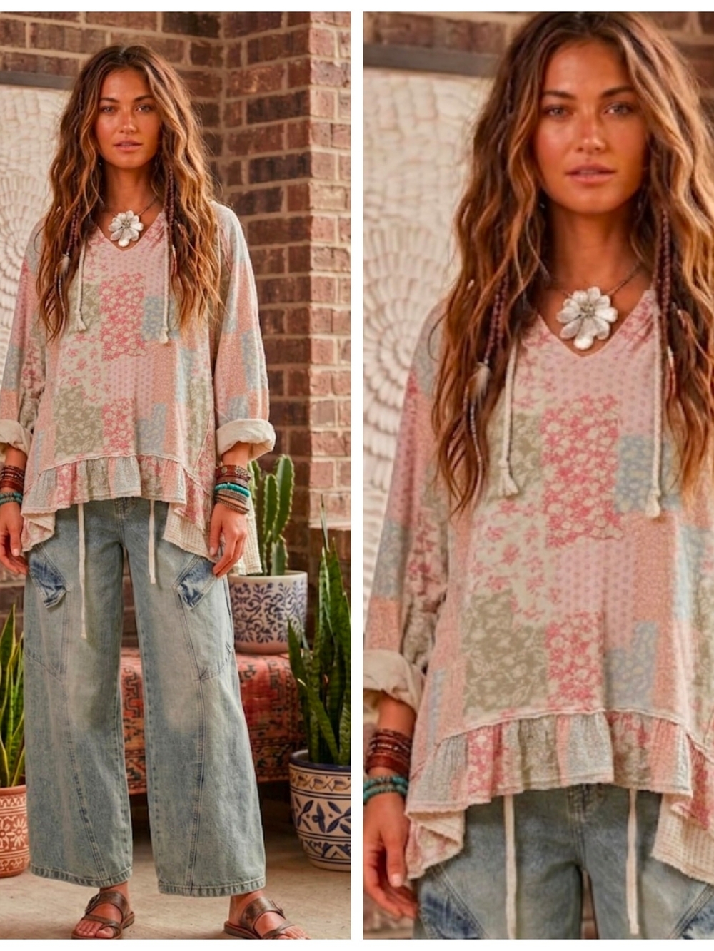 Boho Patchwork Ruffle Hem V-Neck Top - Pastel Pink/Blue